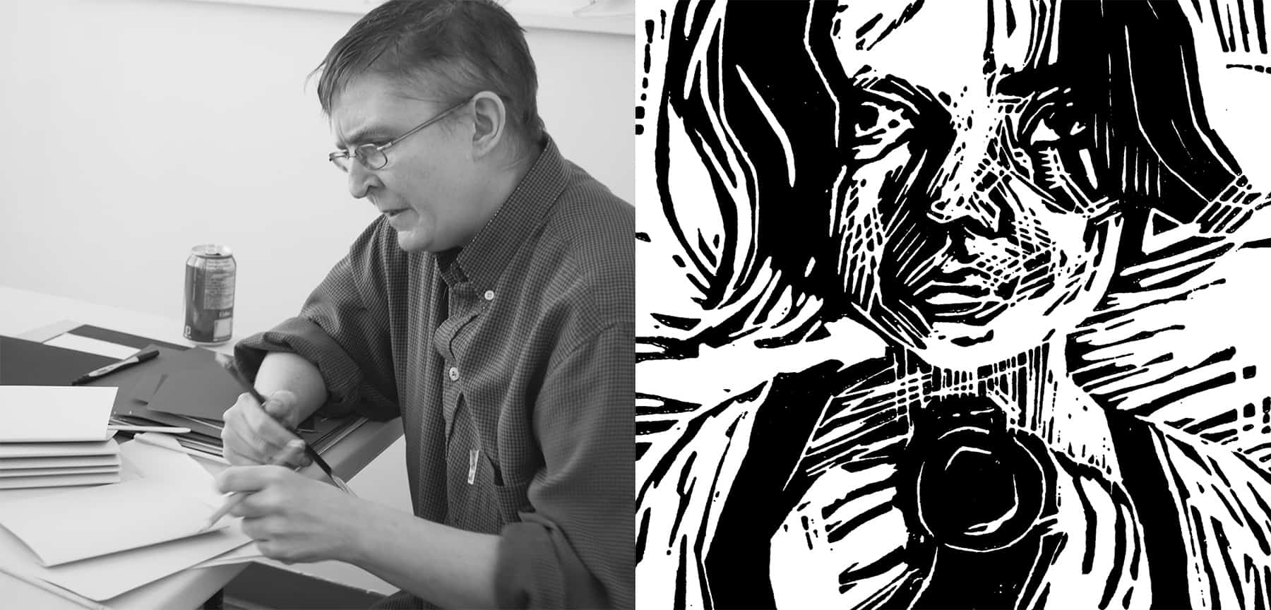 Photo of Karen Ward teaching bookmaking at WePress + Selfie linocut by Cara Seccafien